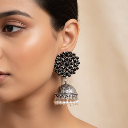 Kamalika stone studded jhumka earrings (Black)