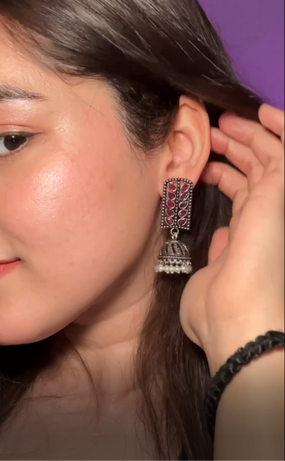Regal leaffall stone studded jhumki earrings (Red)