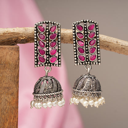 Regal leaffall stone studded jhumki earrings (Red)