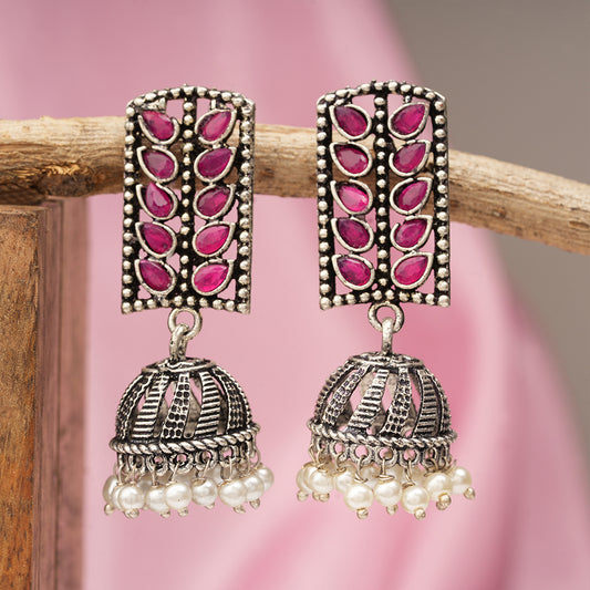 Regal leaffall stone studded jhumki earrings (Red)