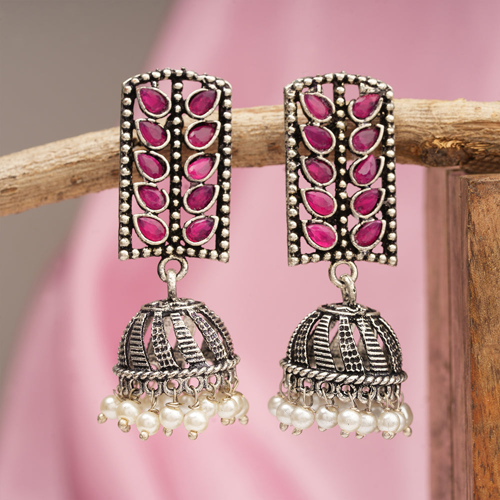 Regal leaffall stone studded jhumki earrings (Red)