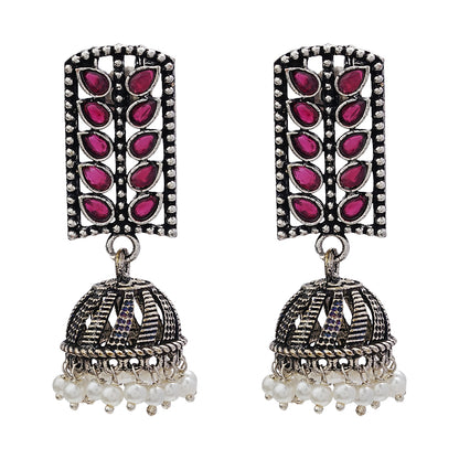 Regal leaffall stone studded jhumki earrings (Red)