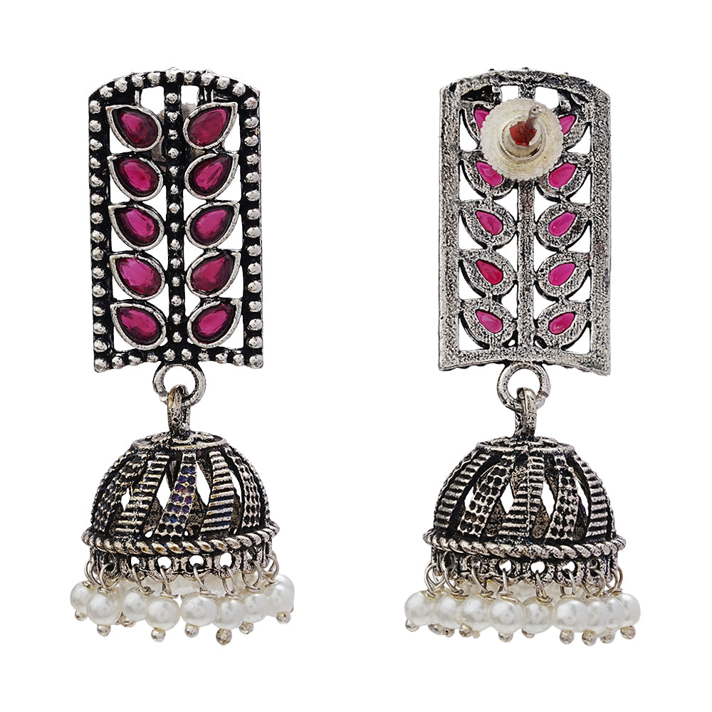 Regal leaffall stone studded jhumki earrings (Red)