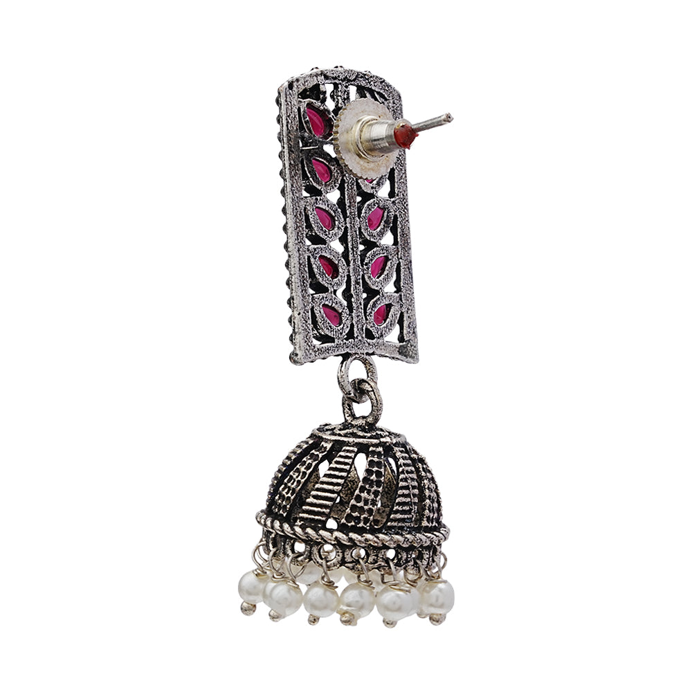 Regal leaffall stone studded jhumki earrings (Red)