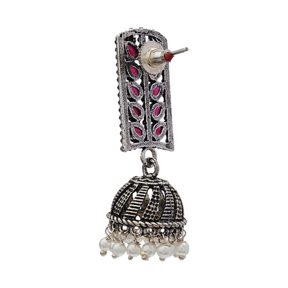 Regal leaffall stone studded jhumki earrings (Red)