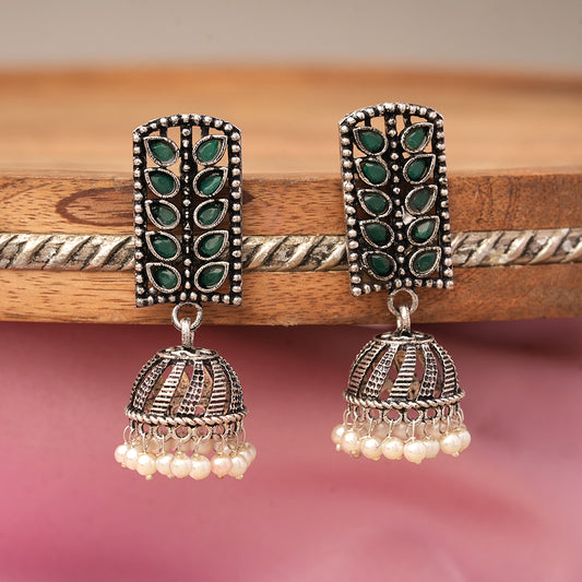 Regal leaffall stone studded jhumki earrings (Green)