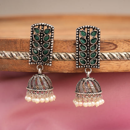 Regal leaffall stone studded jhumki earrings (Green)