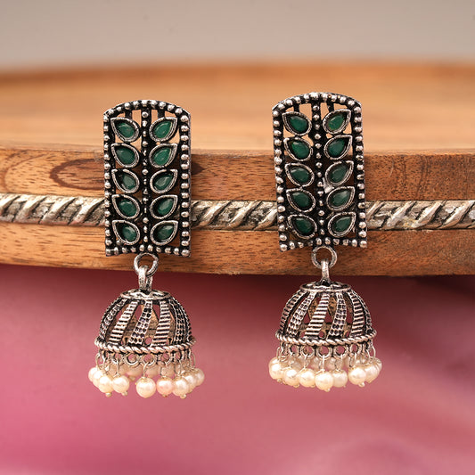 Regal leaffall stone studded jhumki earrings (Green)