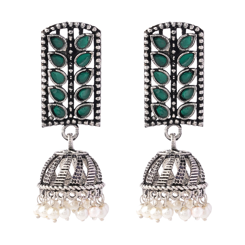 Regal leaffall stone studded jhumki earrings (Green)