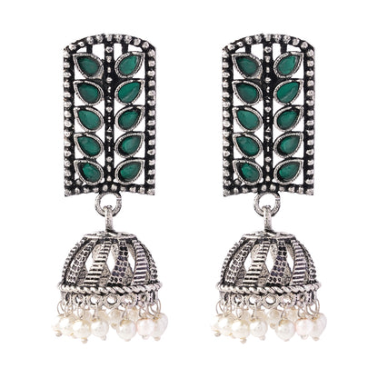 Regal leaffall stone studded jhumki earrings (Green)