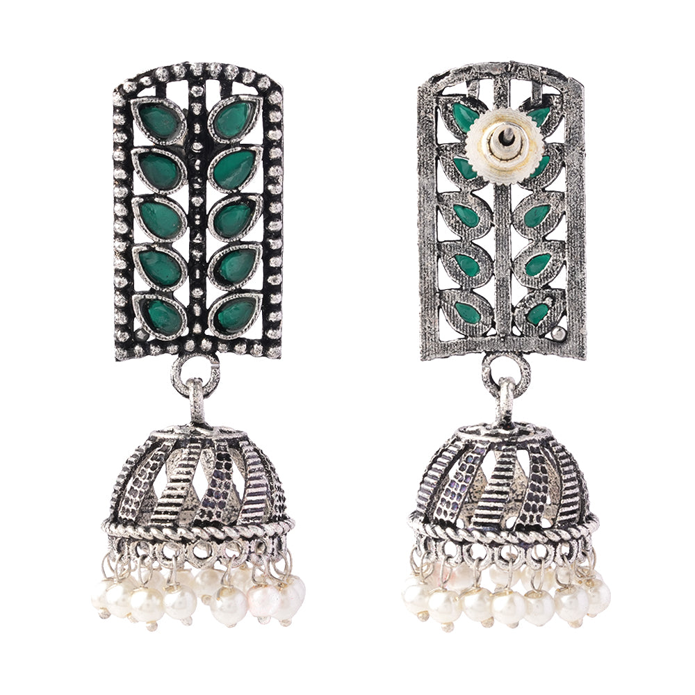 Regal leaffall stone studded jhumki earrings (Green)