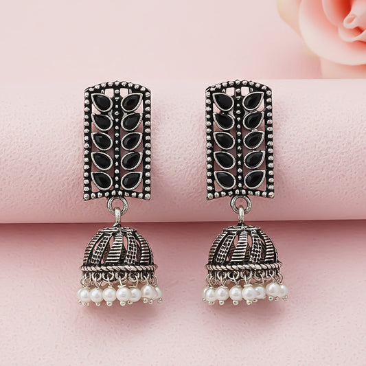 Regal leaffall stone studded jhumki earrings (Black)