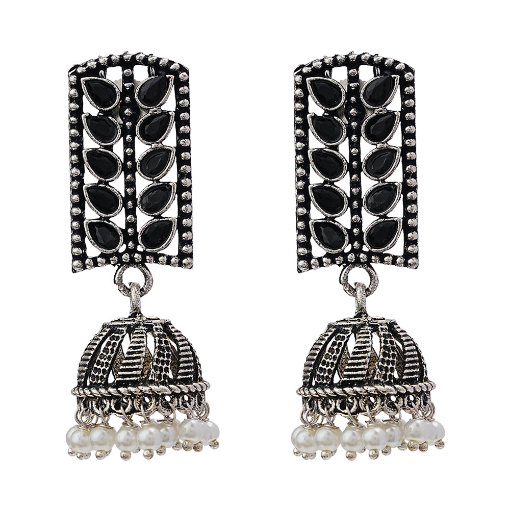 Regal leaffall stone studded jhumki earrings (Black)