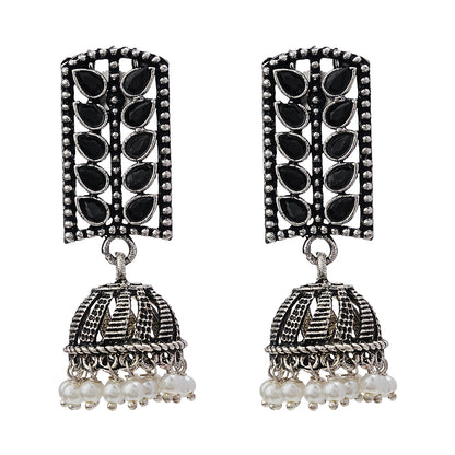 Regal leaffall stone studded jhumki earrings (Black)