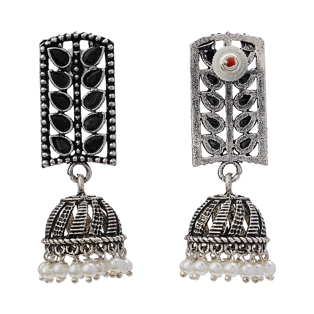 Regal leaffall stone studded jhumki earrings (Black)