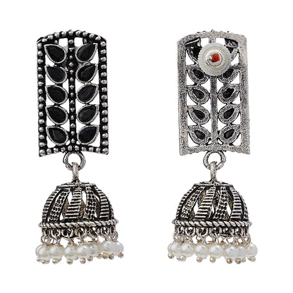 Regal leaffall stone studded jhumki earrings (Black)