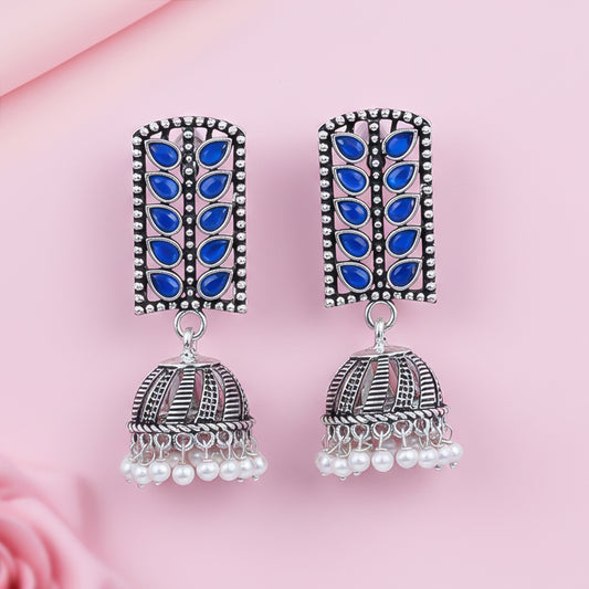 Regal leaffall stone studded jhumki earrings (Blue)