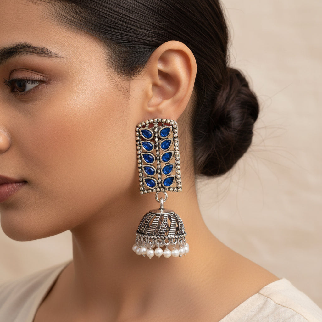 Regal leaffall stone studded jhumki earrings (Blue)