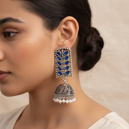 Regal leaffall stone studded jhumki earrings (Blue)