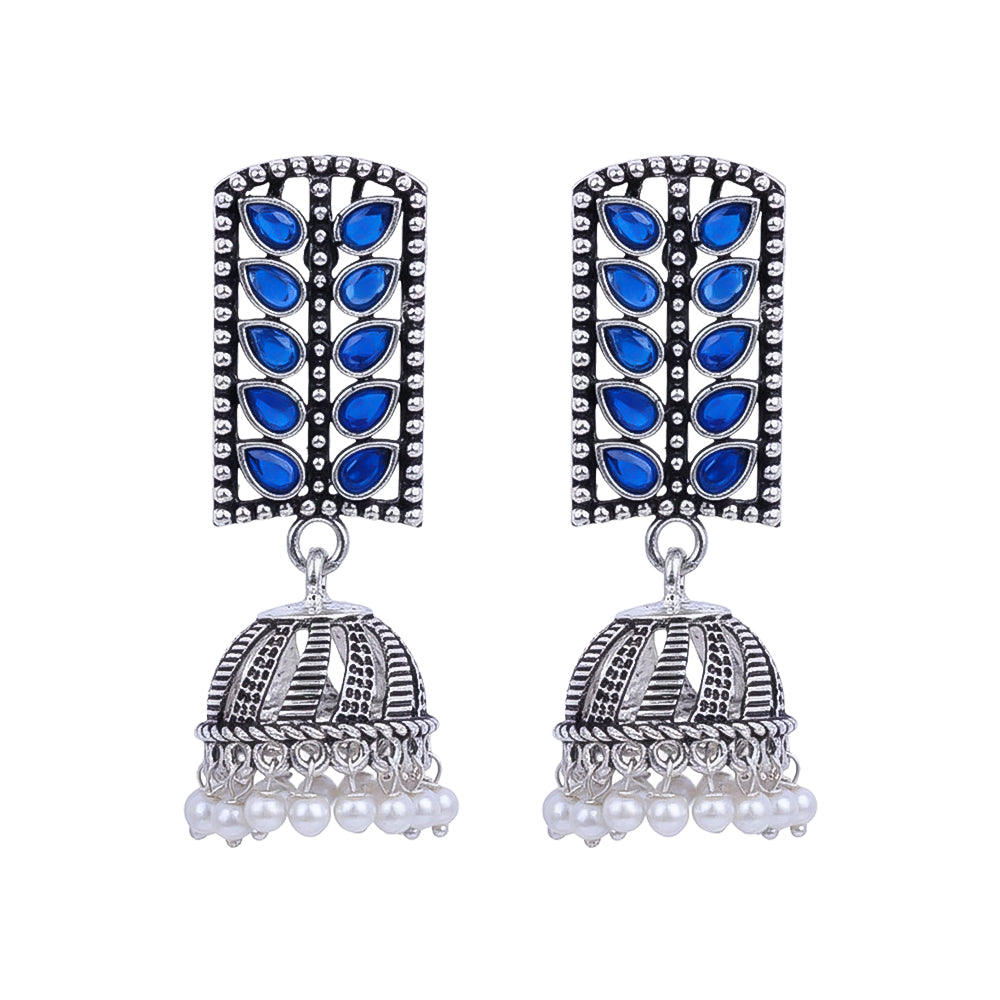 Regal leaffall stone studded jhumki earrings (Blue)