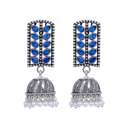 Regal leaffall stone studded jhumki earrings (Blue)