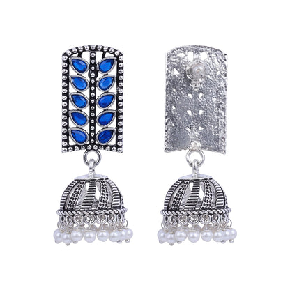 Regal leaffall stone studded jhumki earrings (Blue)