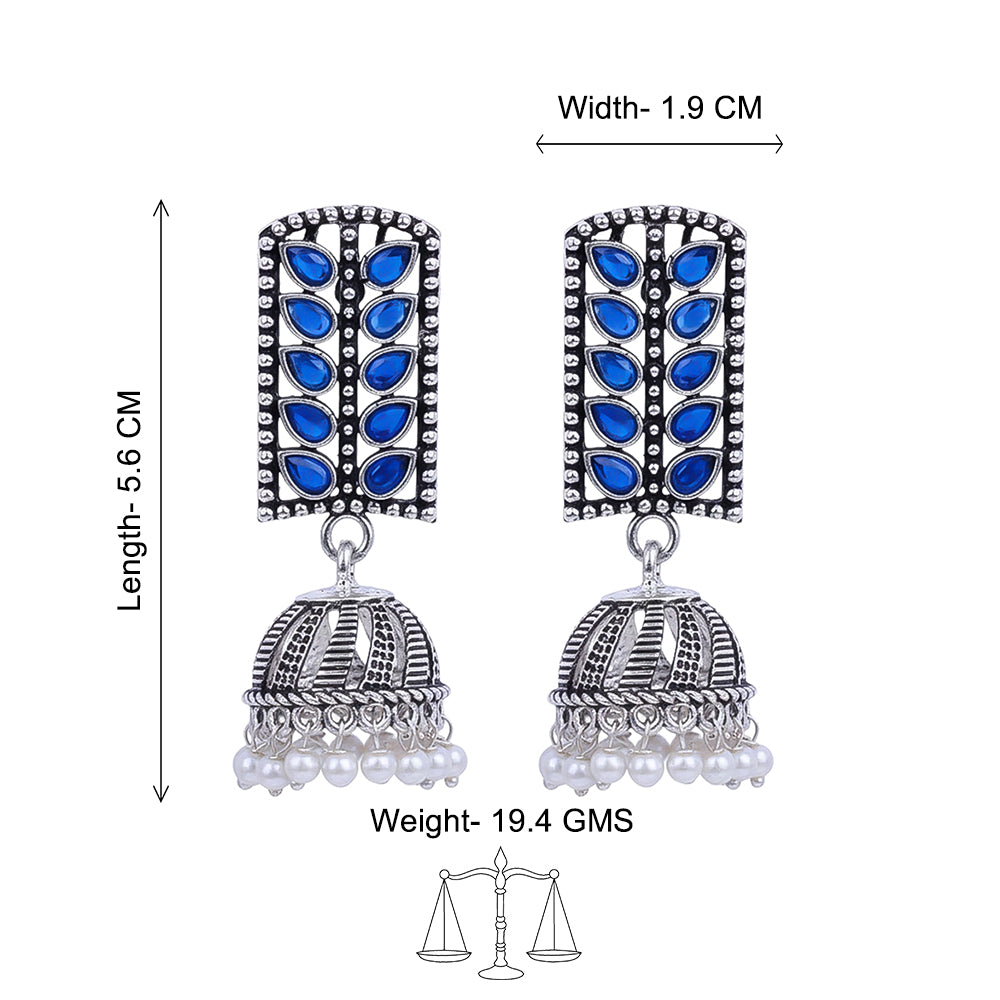 Regal leaffall stone studded jhumki earrings (Blue)