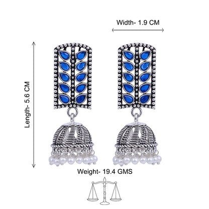 Regal leaffall stone studded jhumki earrings (Blue)