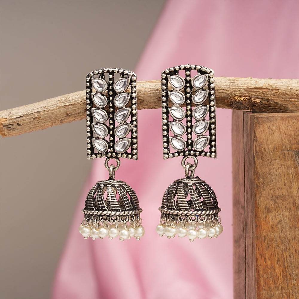 Regal leaffall stone studded jhumki earrings (White)
