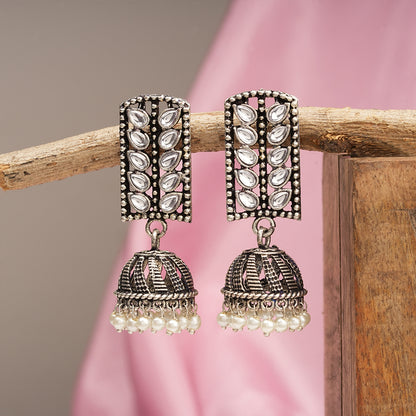 Regal leaffall stone studded jhumki earrings (White)