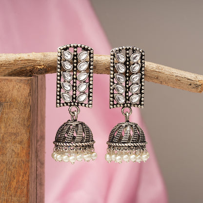 Regal leaffall stone studded jhumki earrings (White)