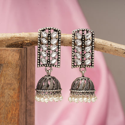 Regal leaffall stone studded jhumki earrings (White)