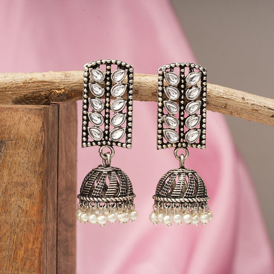 Regal leaffall stone studded jhumki earrings (White)