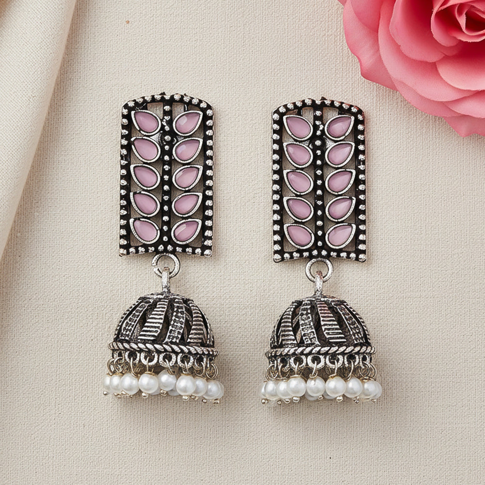 Regal leaffall stone studded jhumki earrings (Baby Pink)
