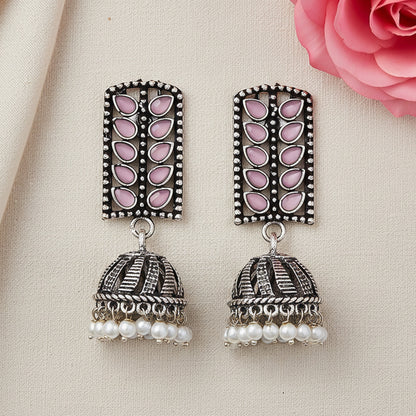 Regal leaffall stone studded jhumki earrings (Baby Pink)