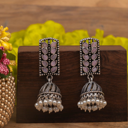 Regal leaffall stone studded jhumki earrings (Baby Pink)
