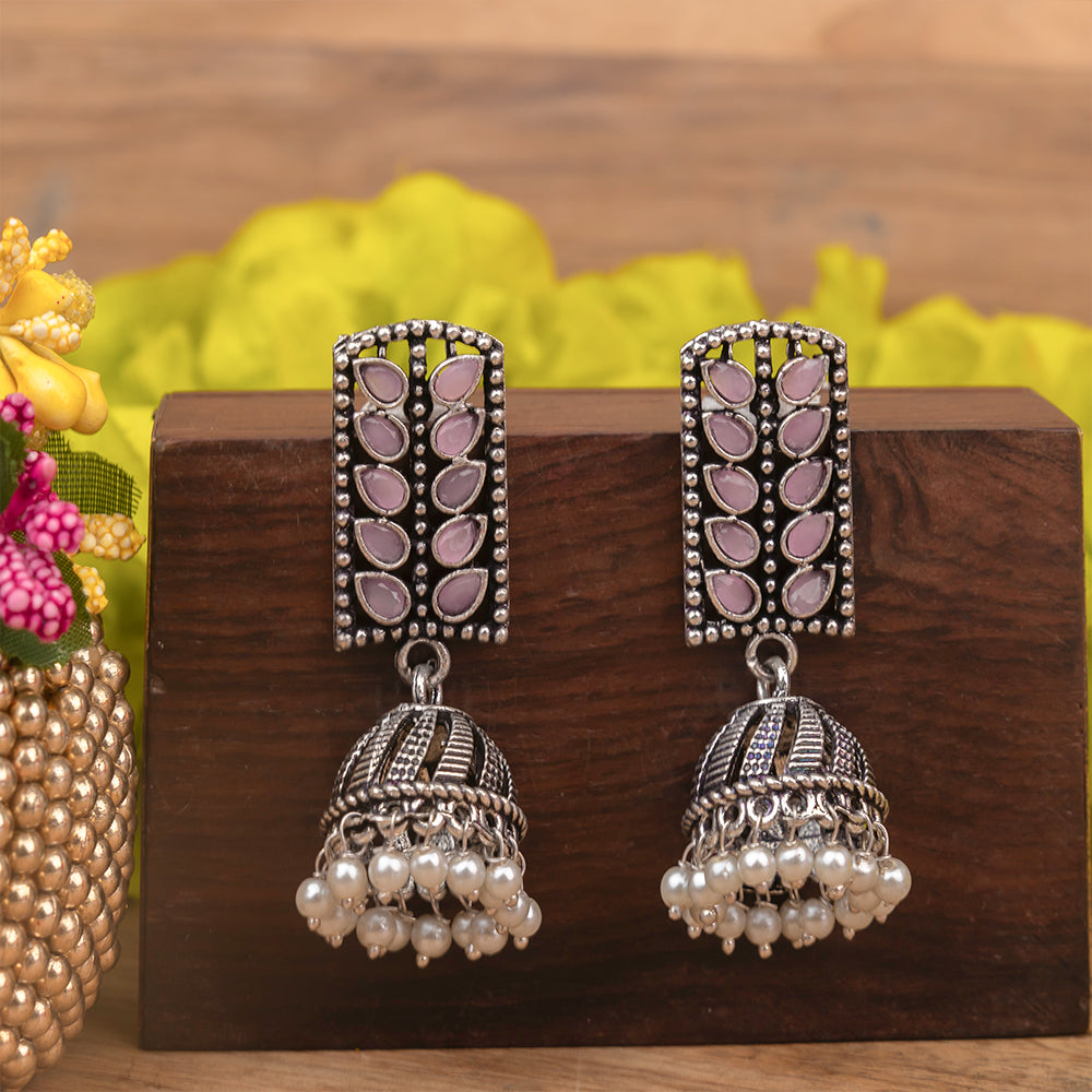 Regal leaffall stone studded jhumki earrings (Baby Pink)