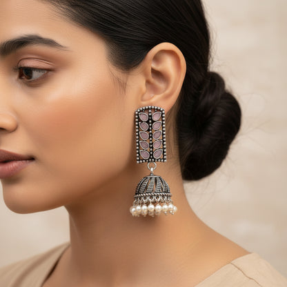 Regal leaffall stone studded jhumki earrings (Baby Pink)