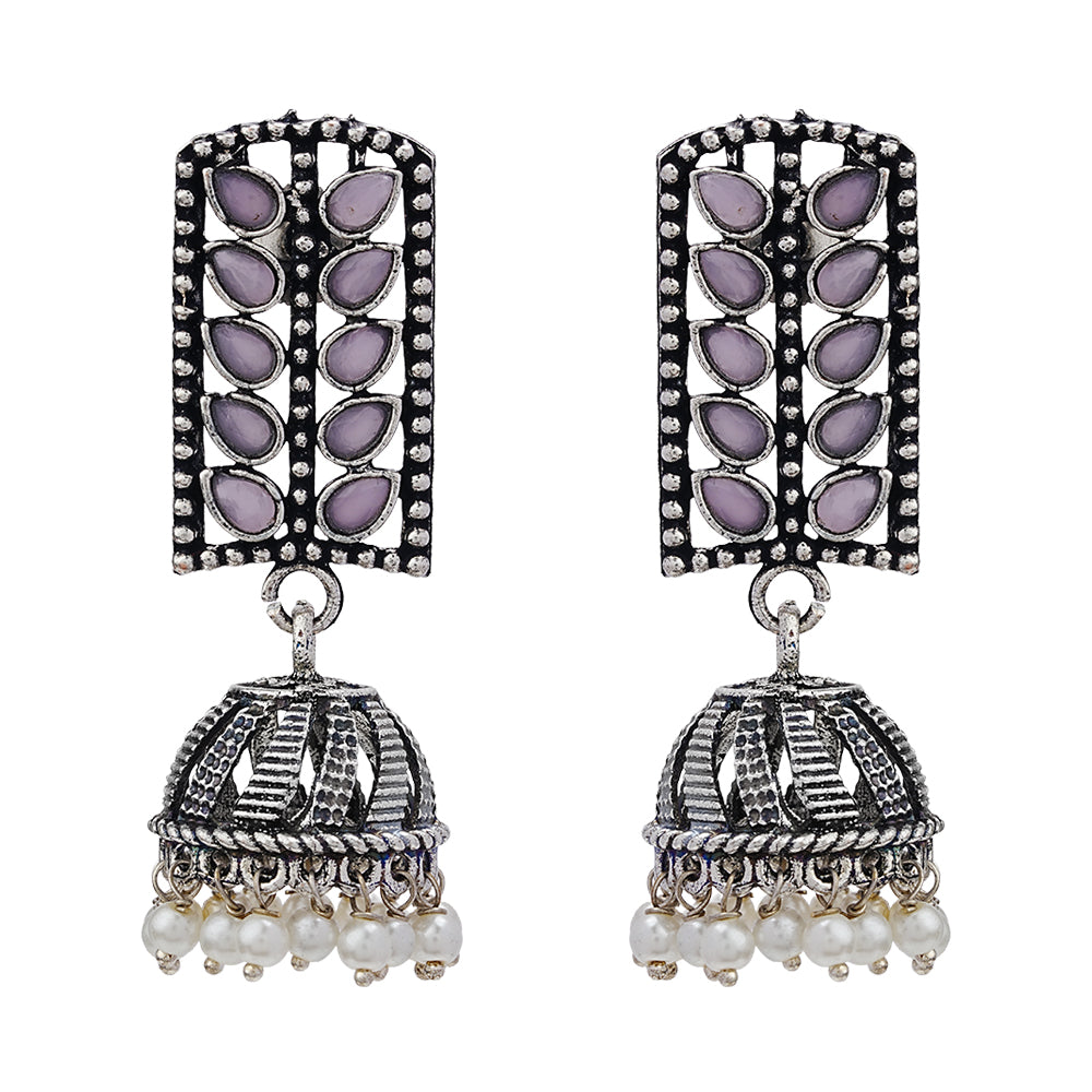 Regal leaffall stone studded jhumki earrings (Baby Pink)
