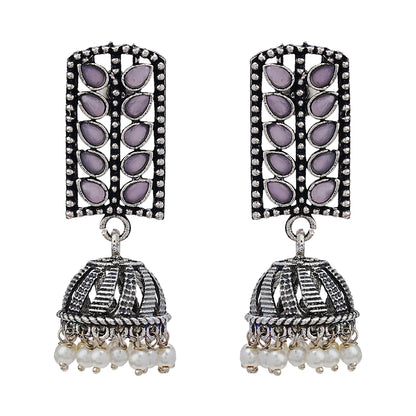 Regal leaffall stone studded jhumki earrings (Baby Pink)
