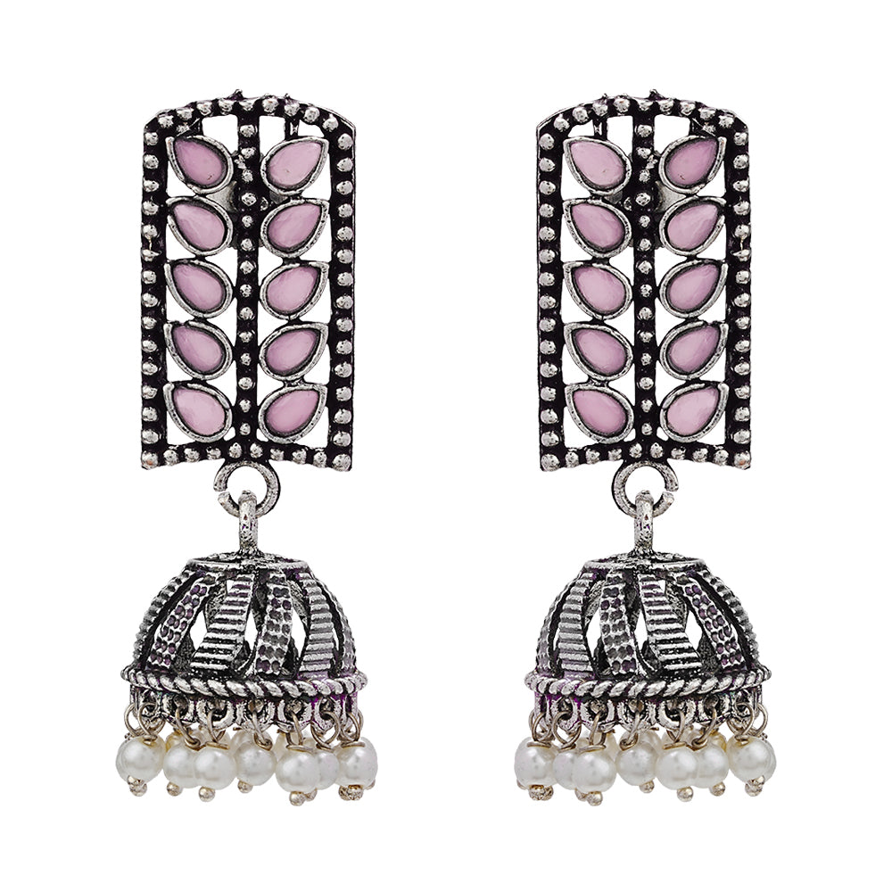 Regal leaffall stone studded jhumki earrings (Baby Pink)