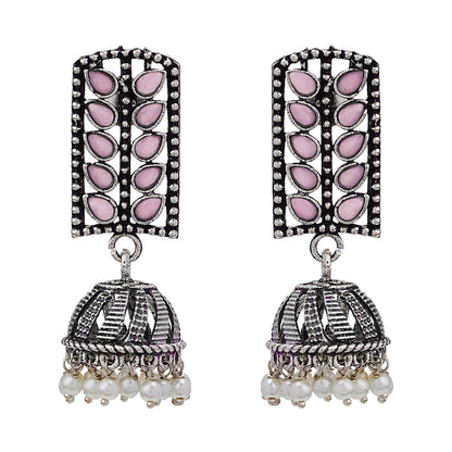 Regal leaffall stone studded jhumki earrings (Baby Pink)