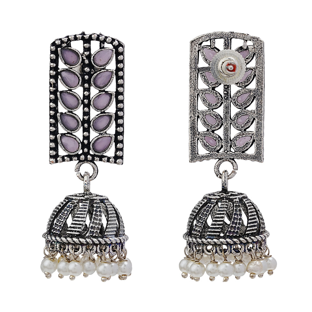 Regal leaffall stone studded jhumki earrings (Baby Pink)