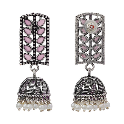 Regal leaffall stone studded jhumki earrings (Baby Pink)
