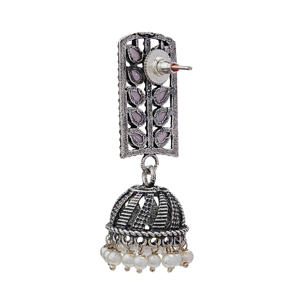 Regal leaffall stone studded jhumki earrings (Baby Pink)