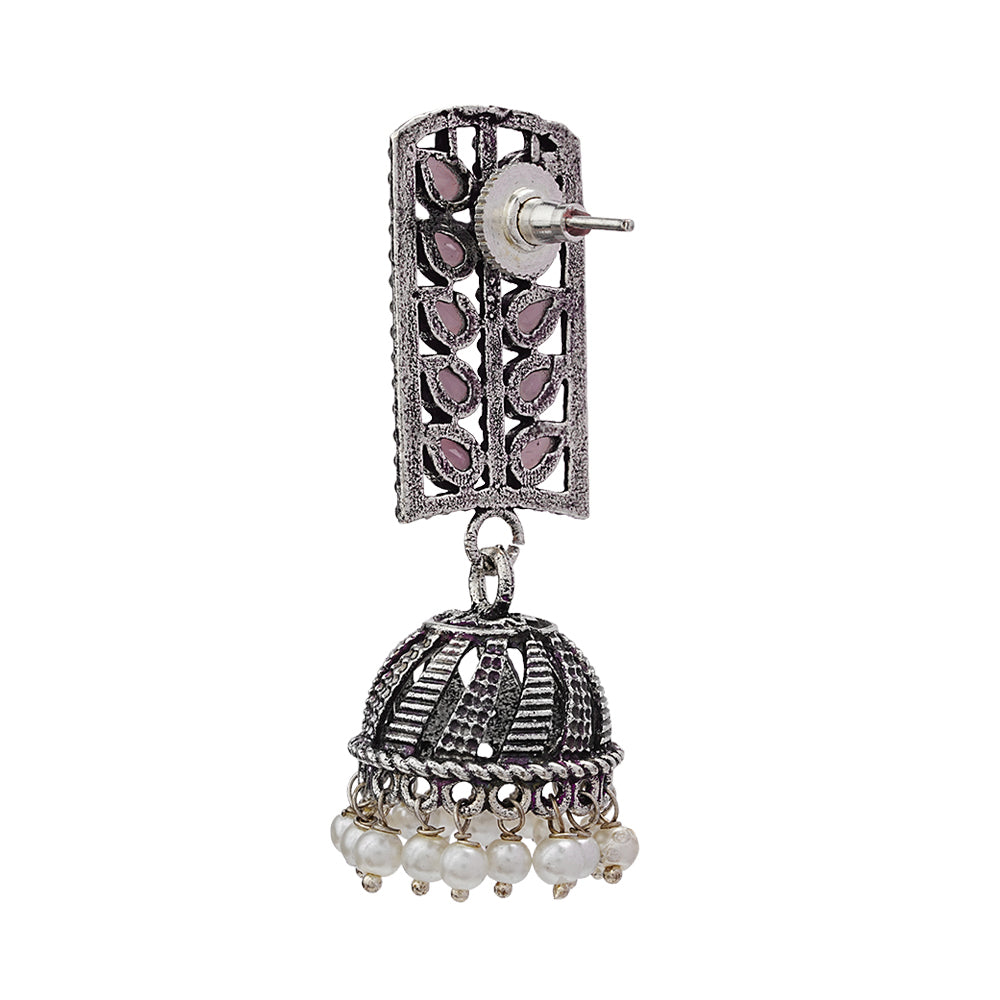 Regal leaffall stone studded jhumki earrings (Baby Pink)