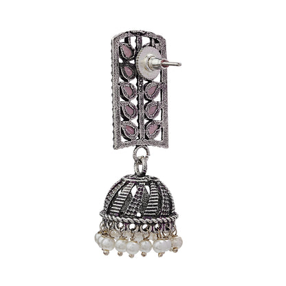 Regal leaffall stone studded jhumki earrings (Baby Pink)