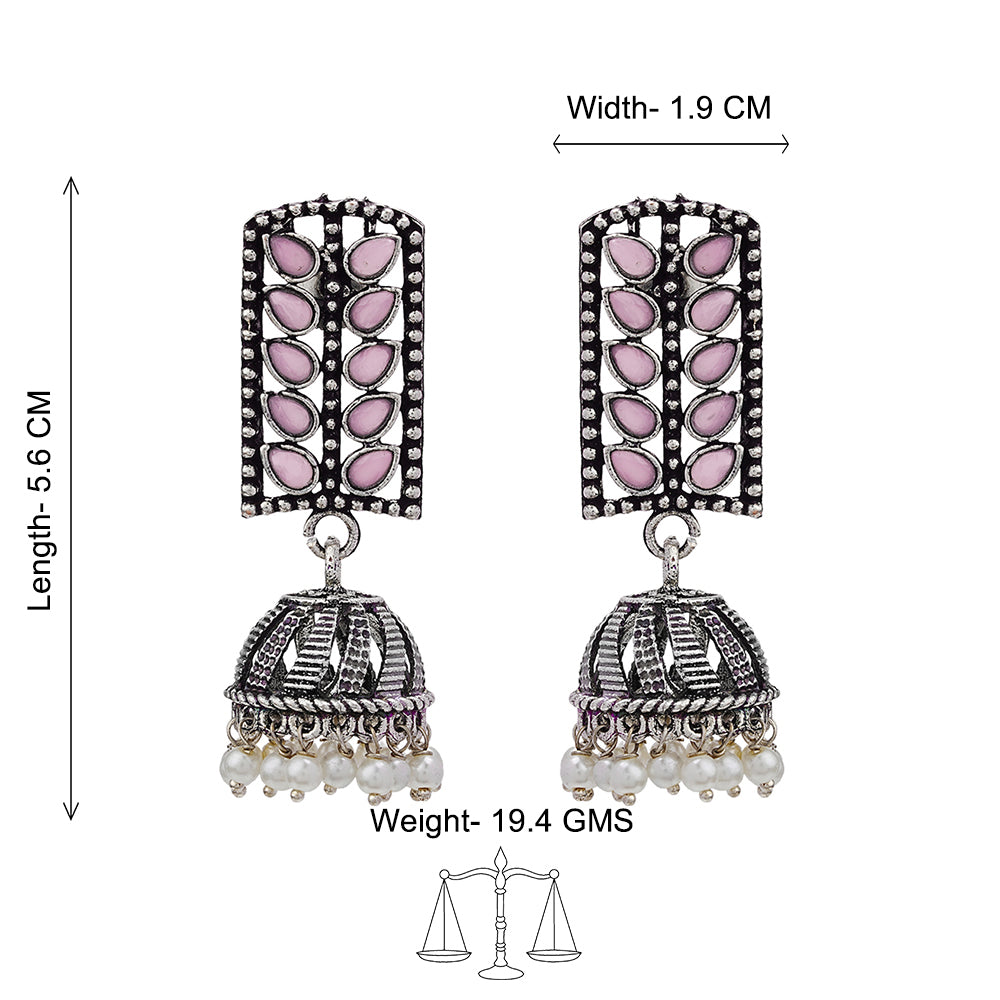 Regal leaffall stone studded jhumki earrings (Baby Pink)