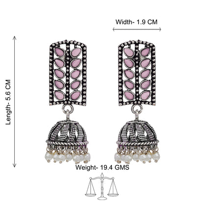 Regal leaffall stone studded jhumki earrings (Baby Pink)