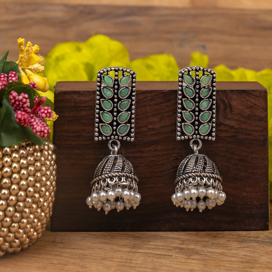 Regal leaffall stone studded jhumki earrings (Pista)